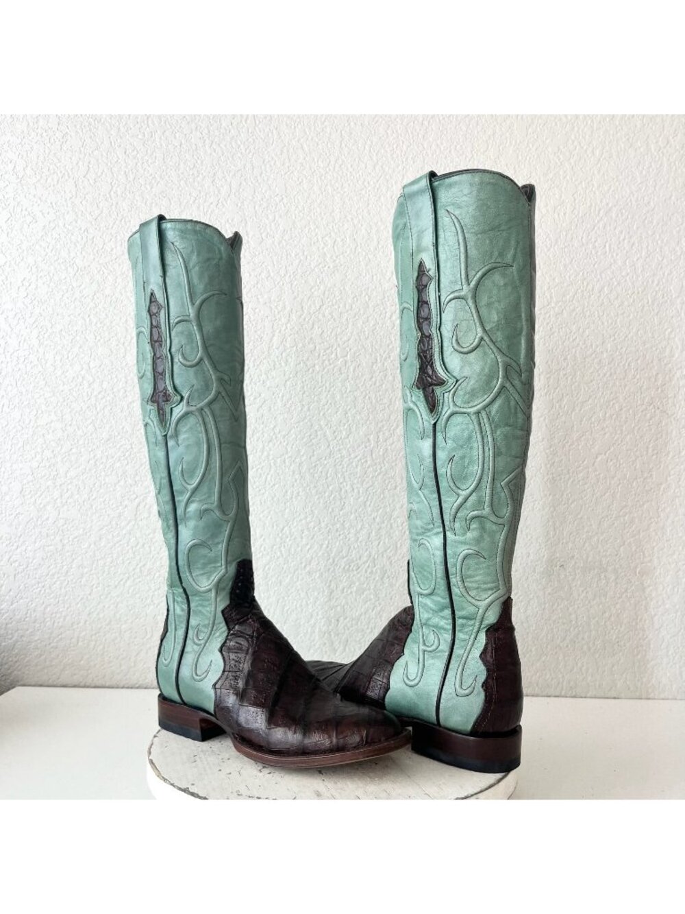 Rod Patrick Brown Caiman Knee High Cowboy Boots Womens 5.5 Turquoise Western